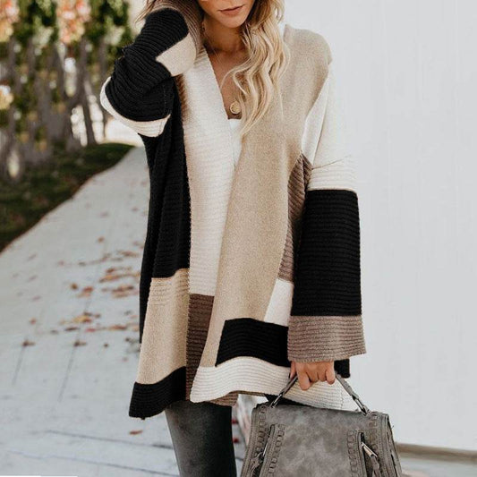Women's Plus Size Oversized Geometric Colorblock Sweater Cardigan - Mubimart