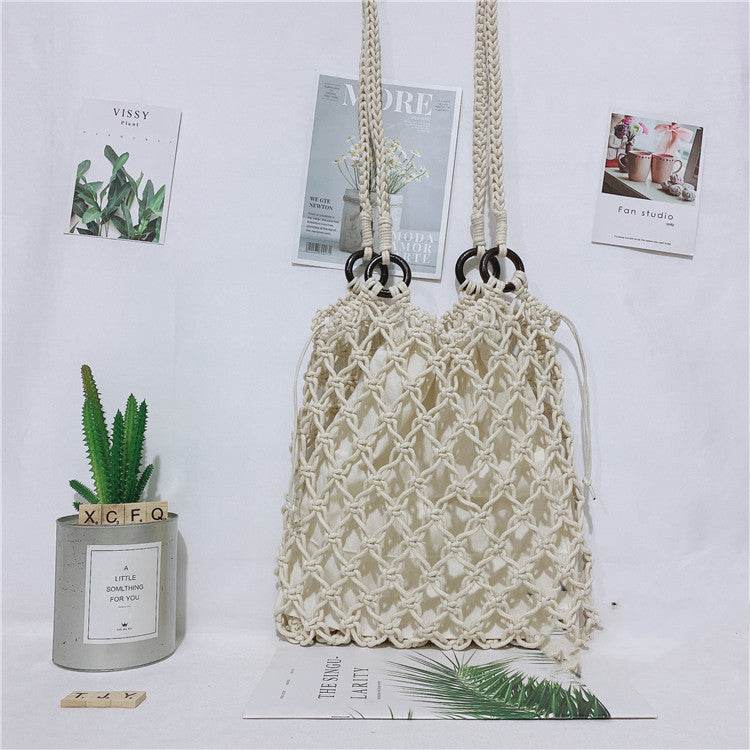 Women One Shoulder Hand Straw Beach Bag - Mubimart