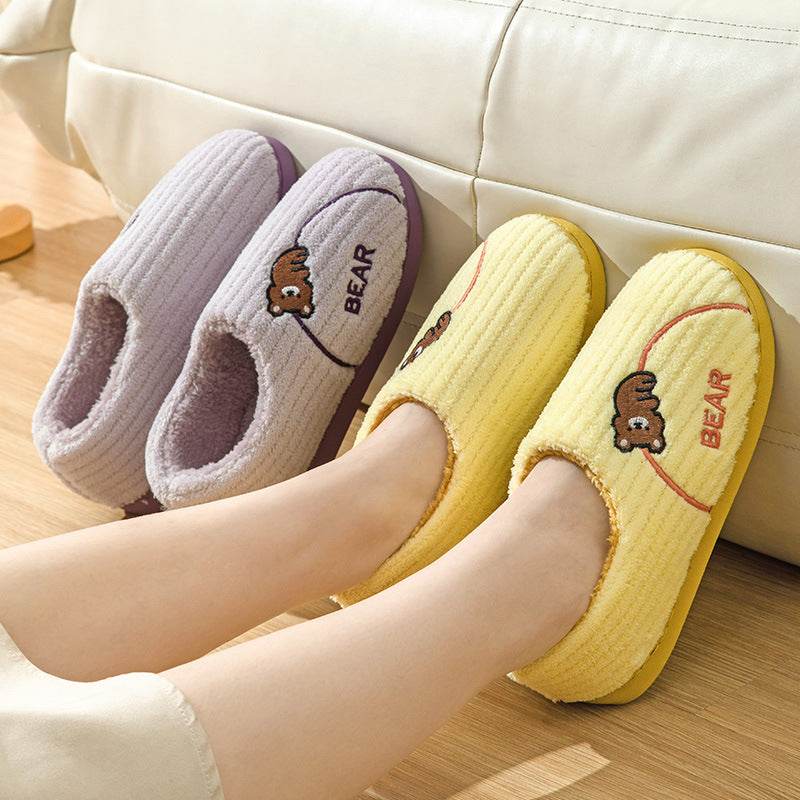 Women's Bear Fuzzy Slippers Casual Non Slip Household Walking Shoes For Home Winter - Mubimart