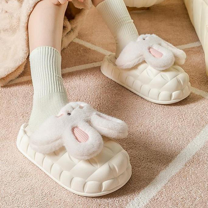 Cute Rabbit Shoes Winter Fuzzy Slippers Women Detachable Washable House Shoes - Mubimart -  