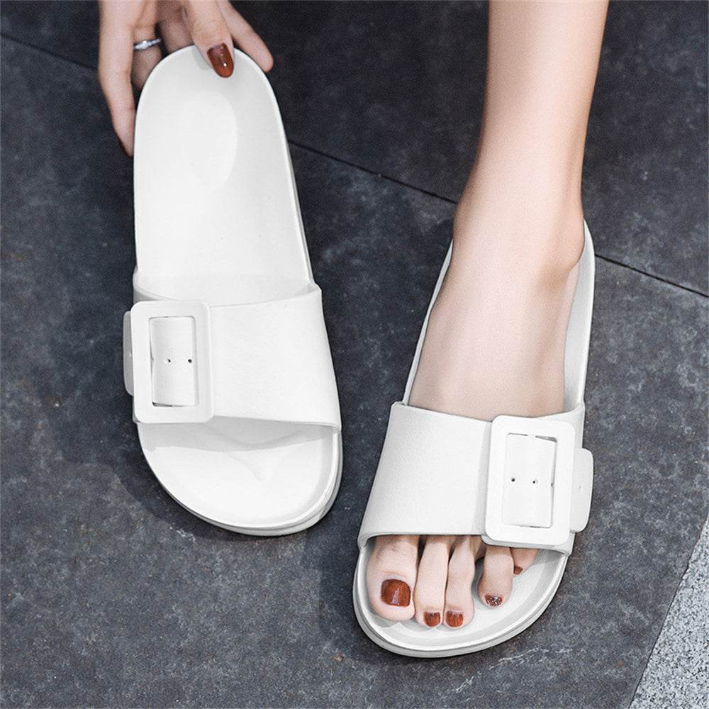 Solid Buckle Home Slippers Summer Non-slip Floor Bathroom Slipper Women Garden House Shoes - Mubimart