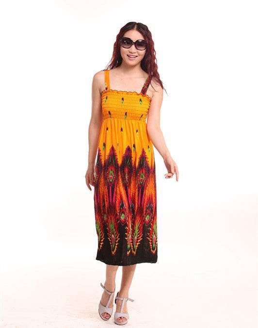Bohemian Floral Dress Printed Milk Silk Plus Size Beach Dress Suspender Dress For Women - Mubimart