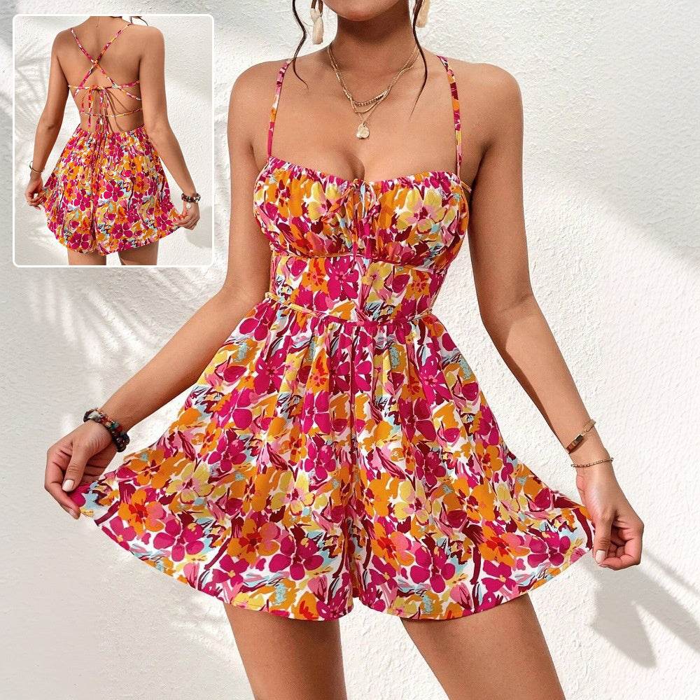 Women's Floral Print Dress Summer Lace-up Back Seaside Holiday Short Dresses - Mubimart