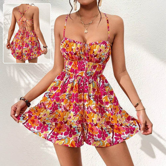 Women's Floral Print Dress Summer Lace-up Back Seaside Holiday Short Dresses - Mubimart