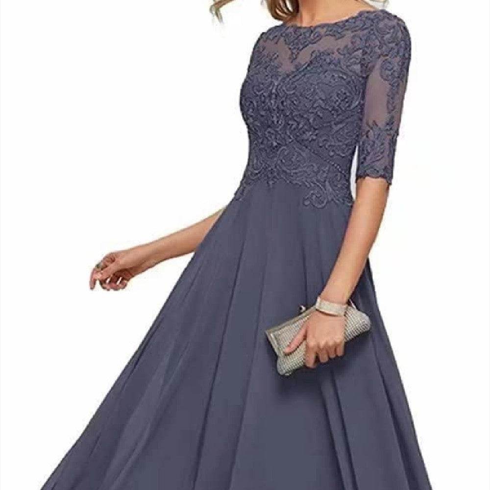 Lace Applique Half Sleeve Formal Party Dress - Mubimart