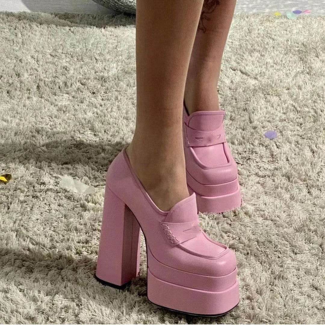 Square Toe Chunky High Heels Double Platform - Mubimart