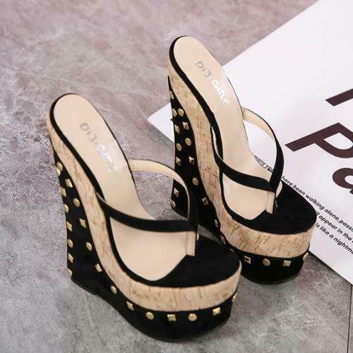 European And American Roman Style Rivets Herringbone Flip Flops Wood Grain Wedge High Heels - Mubimart