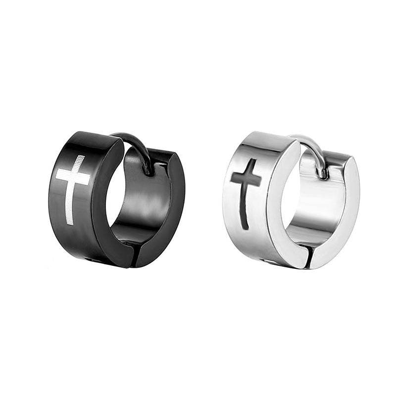 Black Silver Stainless Steel Cross Stud Earrings For Men - Mubimart
