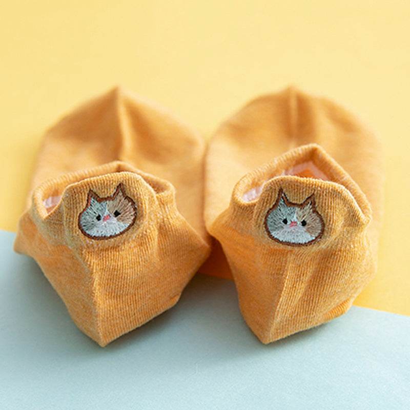 Socks Female Embroidered Cat Boat Socks Shallow Mouth Cute Low Waist - Mubimart