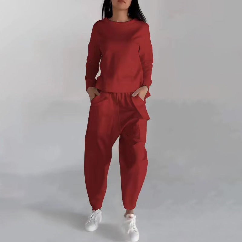 Solid Color Fashion Sweatshirt Long Sleeve Back Slit Top With Pockets Loose Trousers Women's Clothing - Mubimart -  