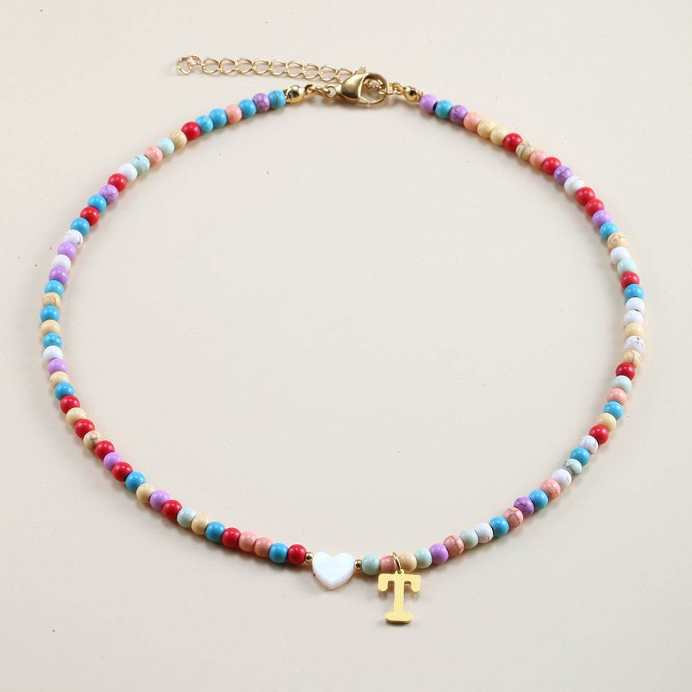 Colorful Beads Initial Choker For Women Stainless Steel Lett - Mubimart