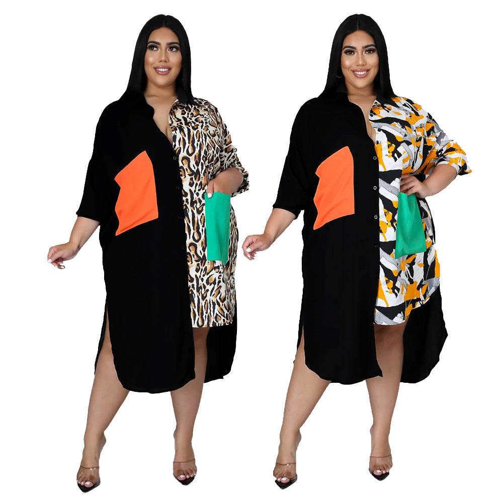 Women Plus Size Dress Patchwork Turn-down Collar Single Breasted - Mubimart