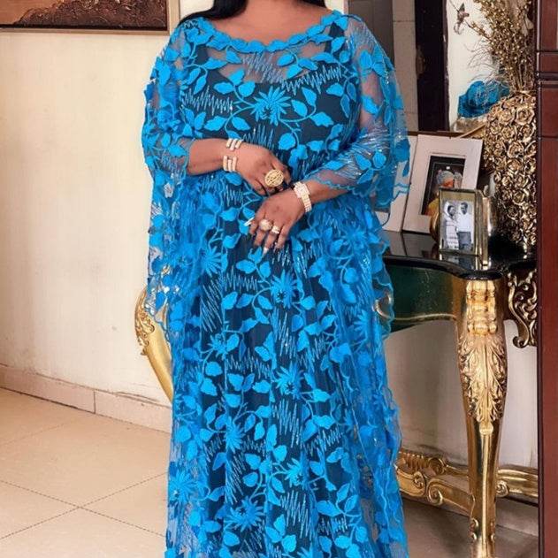 Lace Embroidery Loose Plus Size Robe Including Headscarf Dress - Mubimart