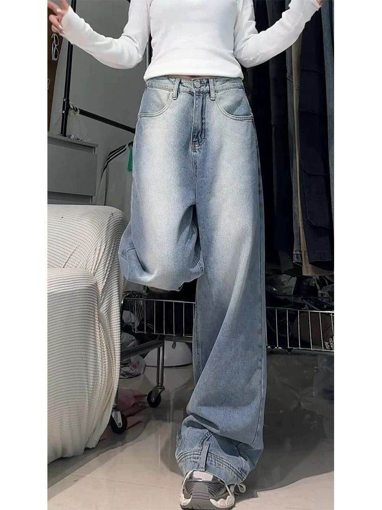 Water Washed Retro Oversize Wide Leg Jeans For Women - Mubimart