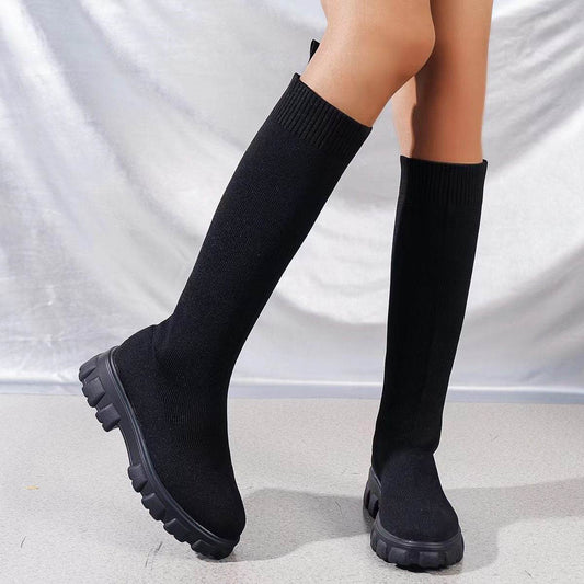 Women's Flyweaving Breathable Thick-soled Tall Skinny Boots - Mubimart
