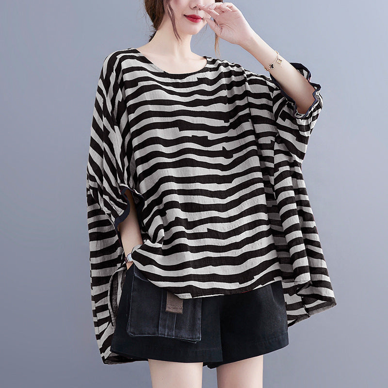 Summer Women's Loose Plus Size Striped Batwing Sleeve T-shirt - Mubimart -  