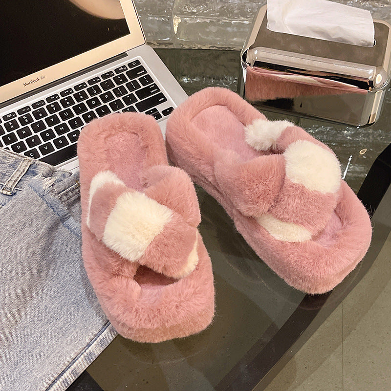 Cross-strap Fuzzy Slippers With 5cm Heel Shoes Women Fashion Winter Indoor Plush House Shoes - Mubimart -  