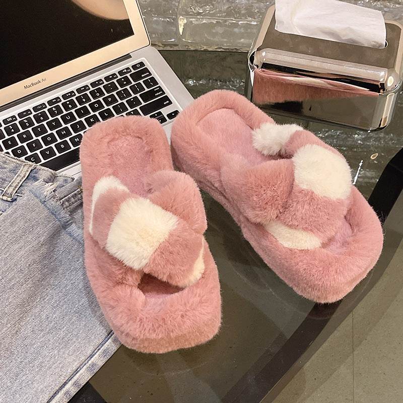 Cross-strap Fuzzy Slippers With 5cm Heel Shoes Women Fashion Winter Indoor Plush House Shoes - Mubimart
