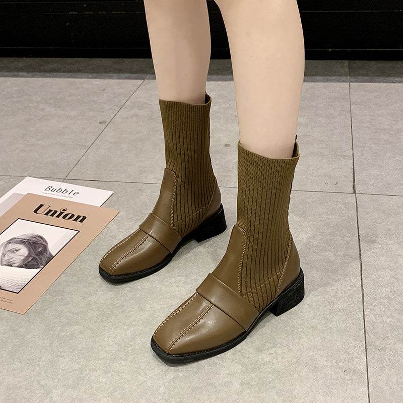 British Style Square Toe Mid-tube Knitted Martin Boots Women - Mubimart
