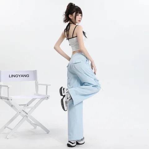 Straight Cargo Pants Women Bow Drawstring Wide Leg Track Pants - Mubimart