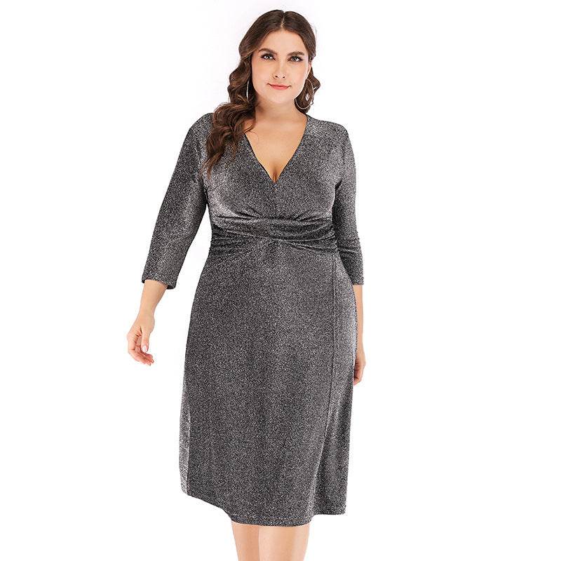 Plus Size V-neck 34 Sleeves High Waist Midi Skirt Bright Silk Party Dress - Mubimart