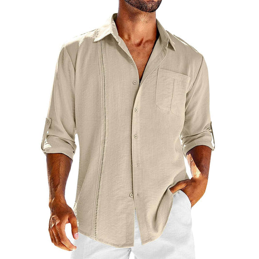 Casual Long Sleeve Shirt With Pocket Lace Polo Collar Solid Color Button Mens Clothing - Mubimart