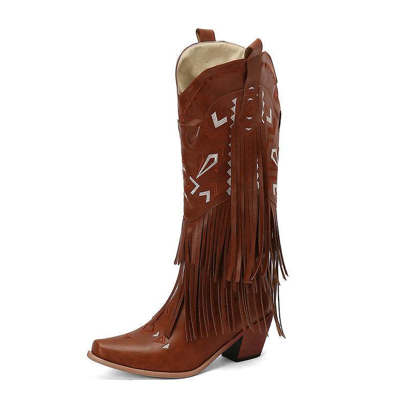 High Heel Tassel Decoration Below The Knee Western Cowboy Boot - Mubimart