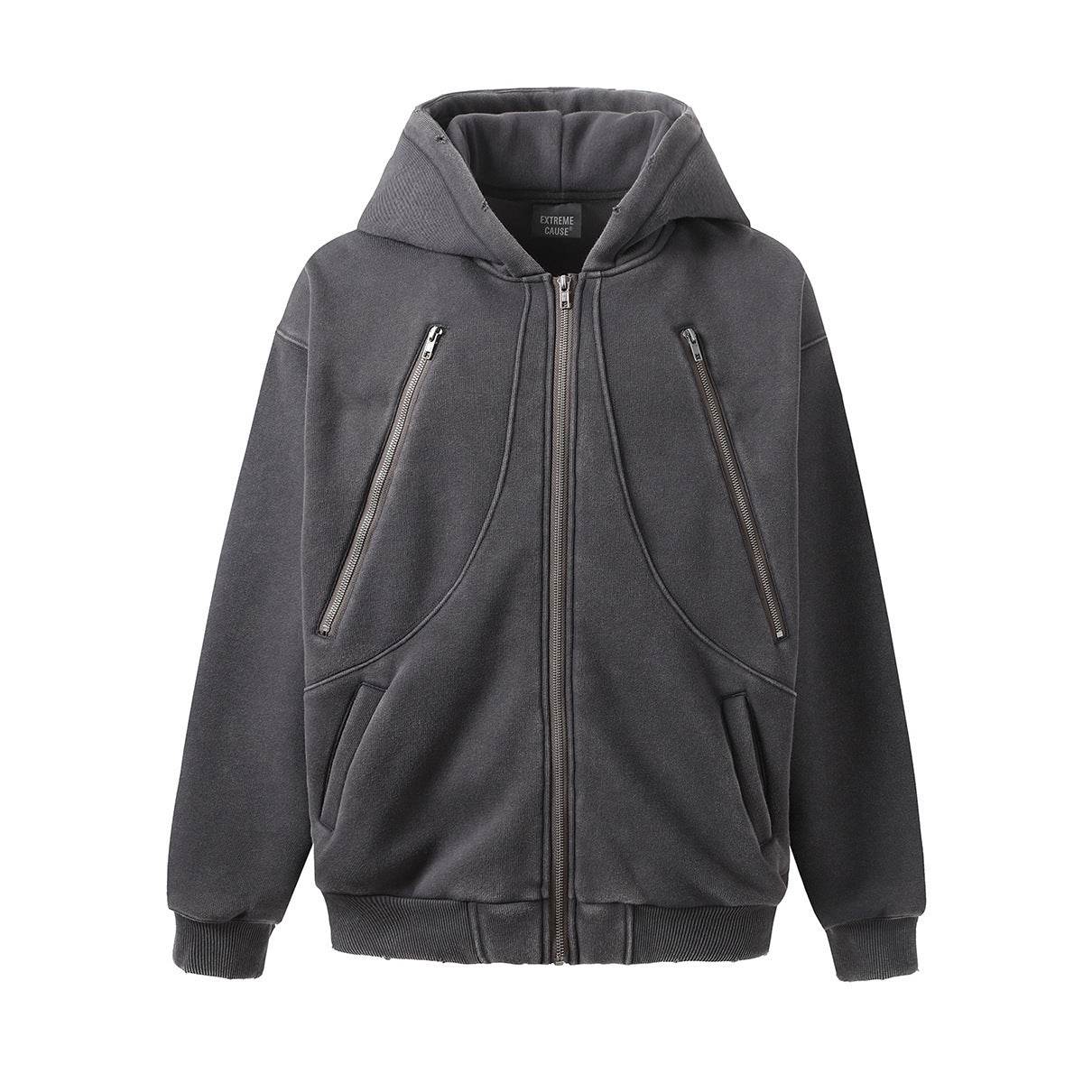 New Hoodie Fleece-lined Washed Zipper Sweater - Mubimart