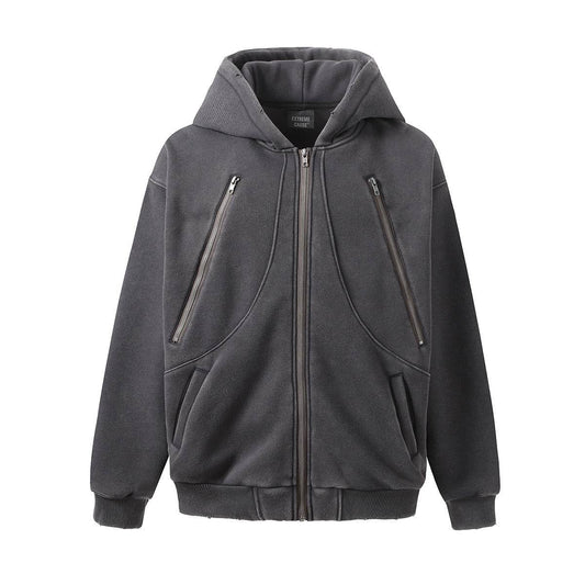 New Hoodie Fleece-lined Washed Zipper Sweater - Mubimart