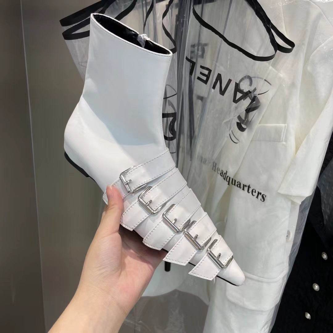 Belt Buckle Pointed Toe Flat Zipper Ankle Boots - Mubimart