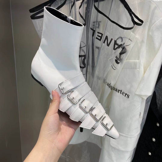 Belt Buckle Pointed Toe Flat Zipper Ankle Boots - Mubimart