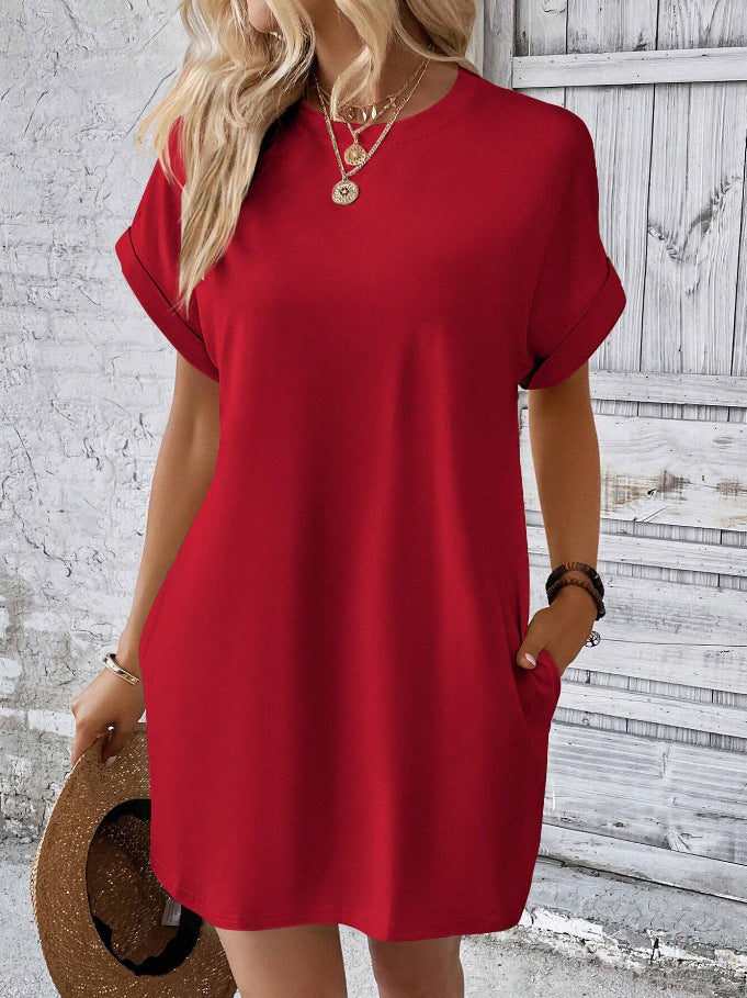 Loose Short Sleeve Dress With Pockets Summer Casual Solid Color Round Neck Straight Dresses Womens Clothing - Mubimart -  