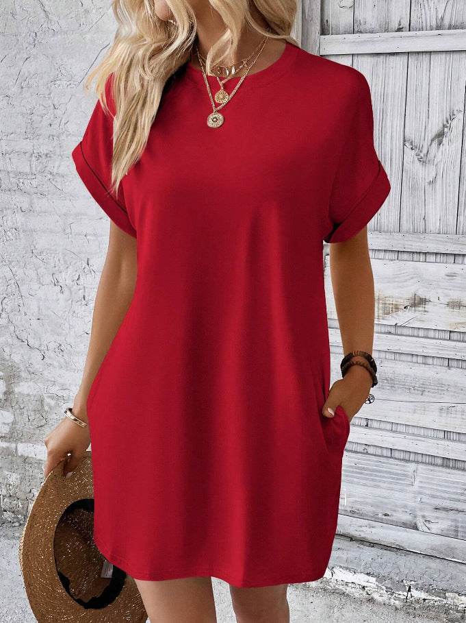 Loose Short Sleeve Dress With Pockets Summer Casual Solid Color Round Neck Straight Dresses Womens Clothing - Mubimart