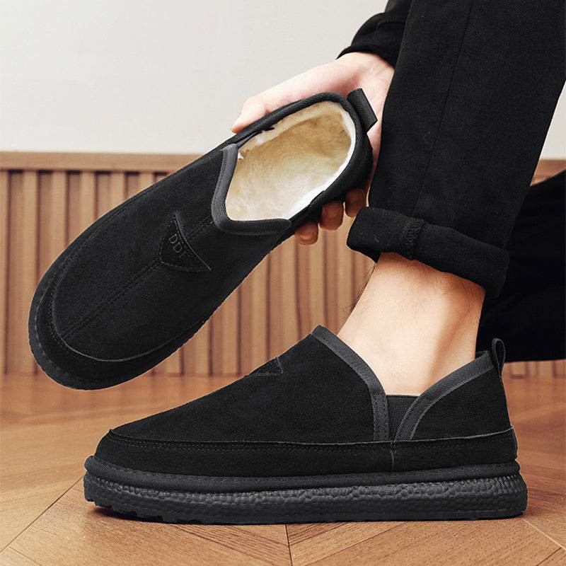 V-cut Fleece Snow Boots Winter Warm Round-toed Suede Ankle Boot Fashion Simple Non-slip Flat Cotton Shoes For Men - Mubimart