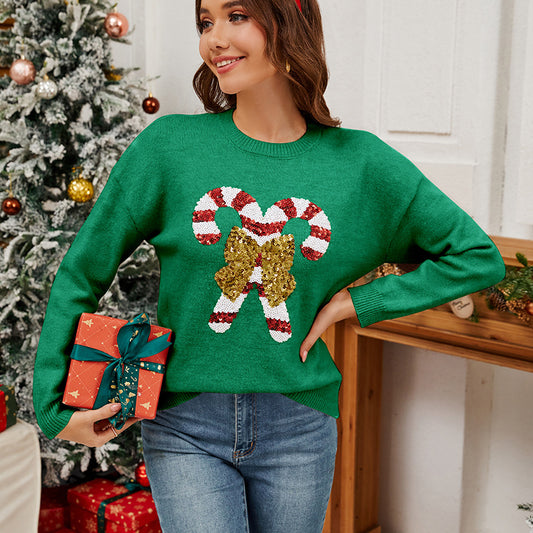Christmas Crutches Bow Sequined Women's Sweater