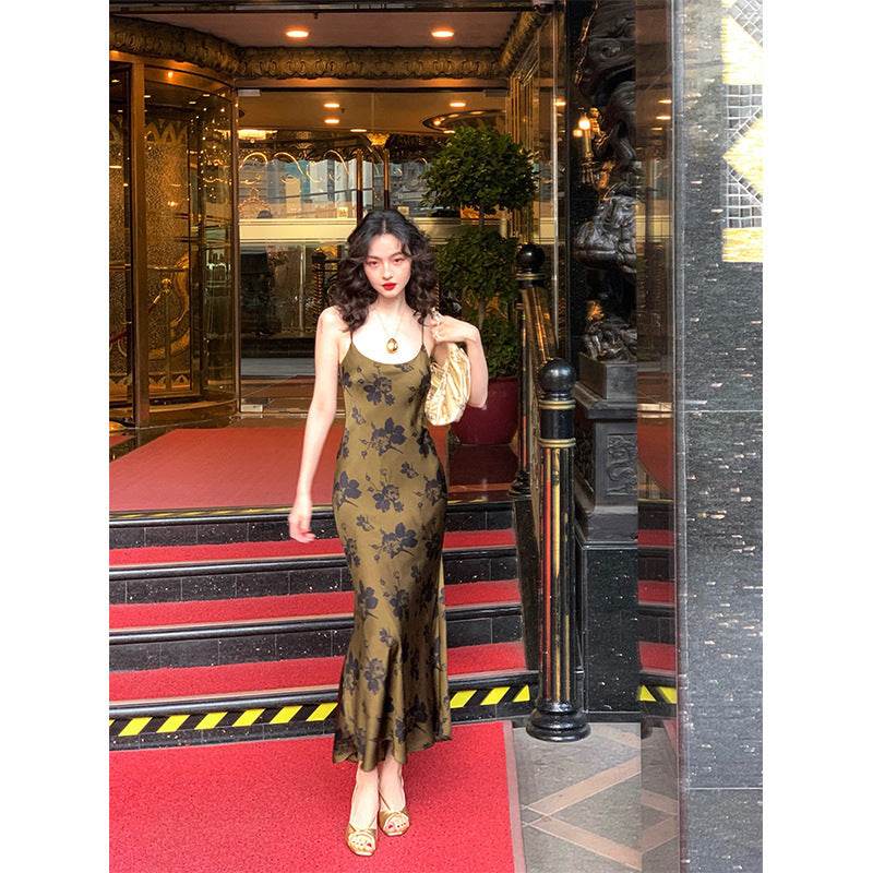 Printed Suspender Fishtail Midi Dress - Mubimart