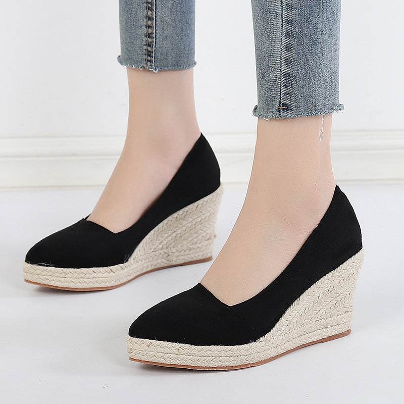 Pointed Toe Platform High Heel Work Shoes Thick Heel Straw Woven - Mubimart