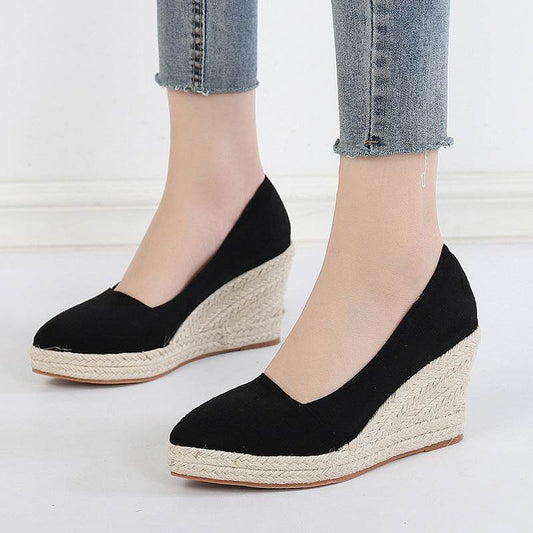 Pointed Toe Platform High Heel Work Shoes Thick Heel Straw Woven - Mubimart