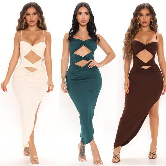 Prom Dress Hollow Solid Color Suspender Dress - Mubimart