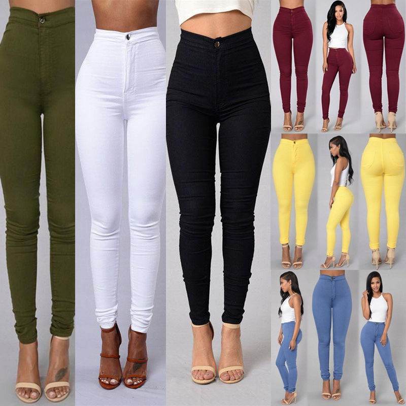 Casual Pants For Women High Waist Stretch Slim Trouser Skinny Candy Color Jeans - Mubimart