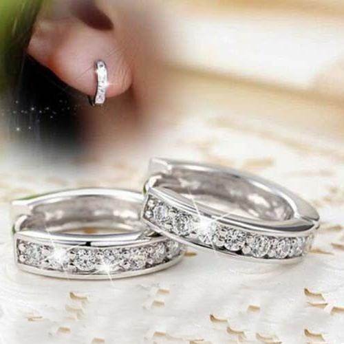 925 Sterling Silver Crystal Stud Hoop Earrings Fashion Women - Mubimart