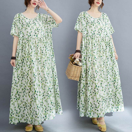 Artistic Large Size Fat Plus-sized Plus-sized Printed Short Sleeve Dress For Women - Mubimart