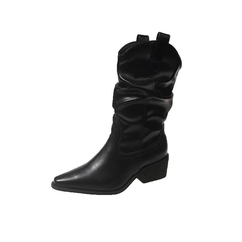 Autumn And Winter New Retro Pointed Chunky Heel Western Cowboy Boot - Mubimart