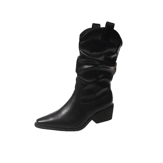 Autumn And Winter New Retro Pointed Chunky Heel Western Cowboy Boot - Mubimart