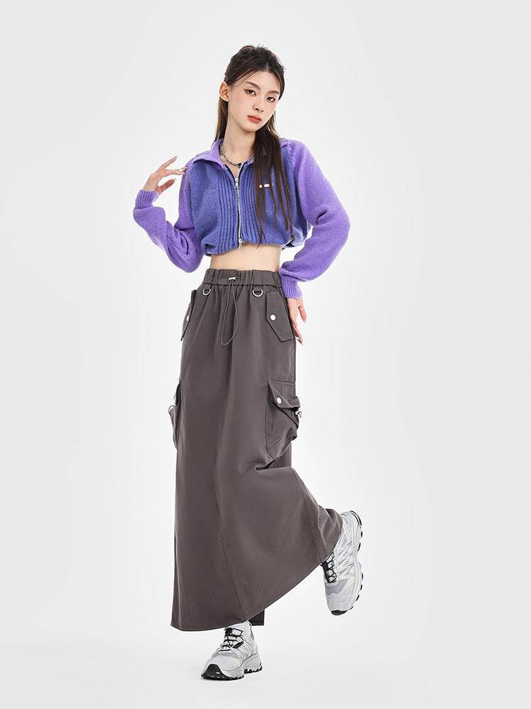 Retro Loose Pockets Workwear Skirt - Mubimart