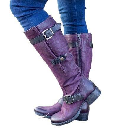 Round Head Casual Low Heel Tall Knight Boots - Mubimart