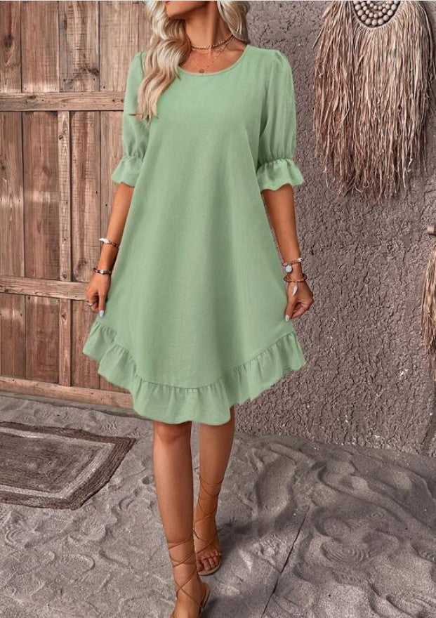 Fashion Ruffle Short-sleeved Dress Summer Solid Color Round Neck Loose Straight Dresses Womens Clothing - Mubimart -  