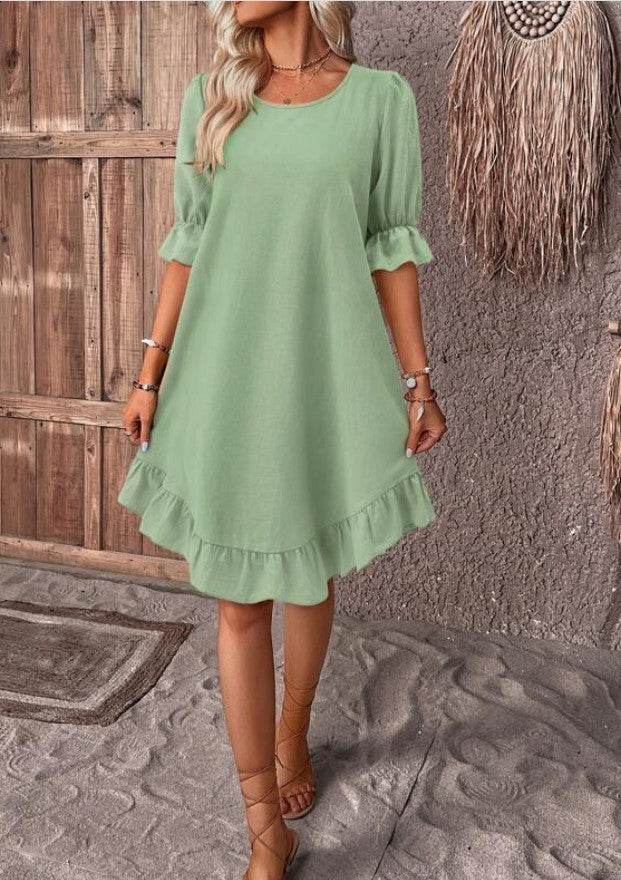 Fashion Ruffle Short-sleeved Dress Summer Solid Color Round Neck Loose Straight Dresses Womens Clothing - Mubimart