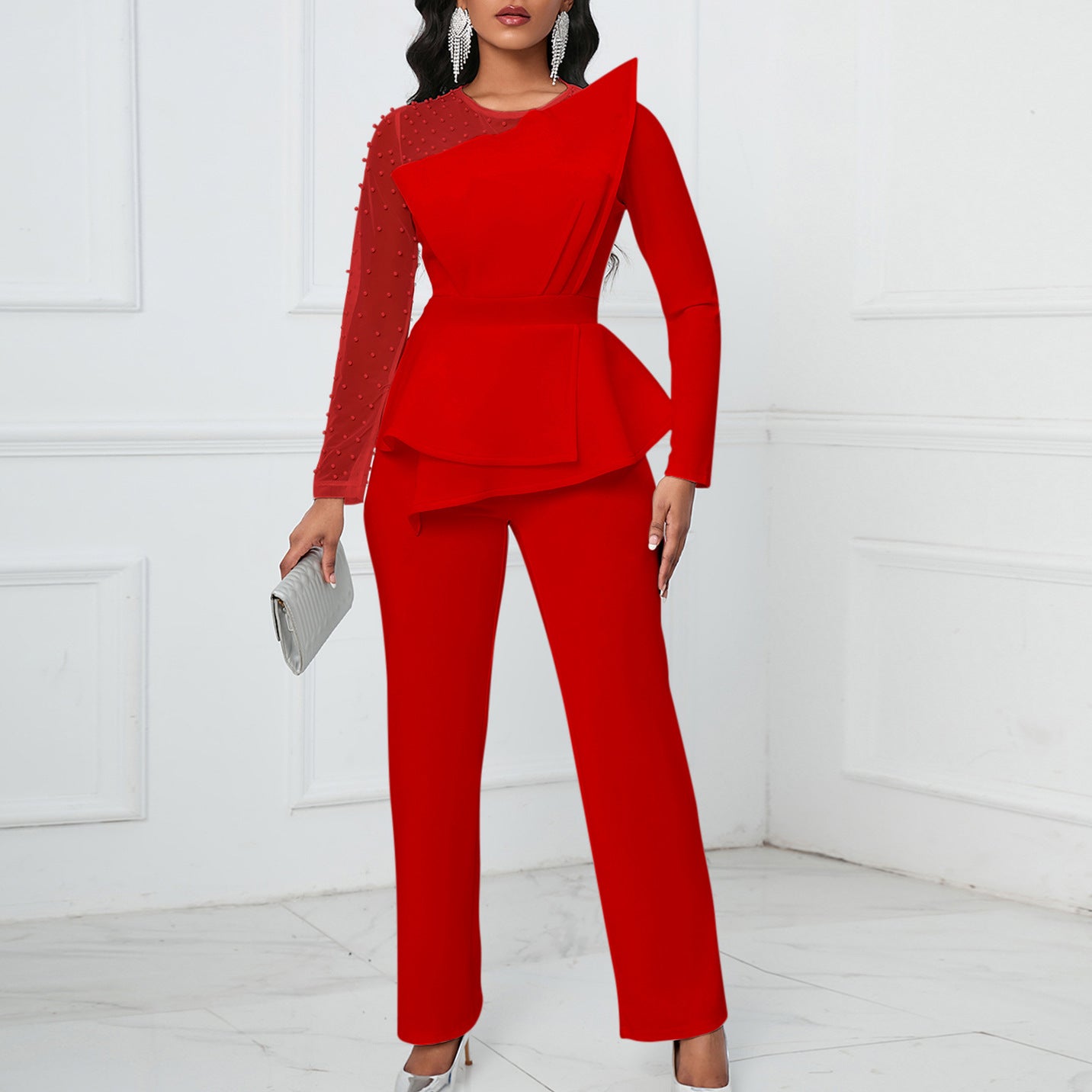 Long Sleeve Mesh Splicing Beads Banquet Plus Size Jumpsuit - Mubimart -  