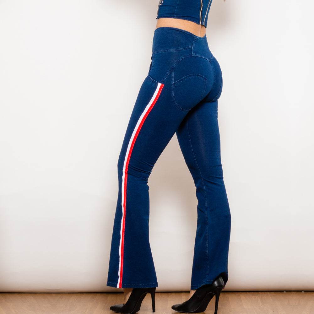 Shascullfites Melody Dark Blue Striped Flared Lift Jeggings Button Up Jeans Bum Lift Jeans High Waist Flare Jeans Women - Mubimart